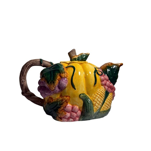 Banquet Other - Vintage Ceramic Thanksgiving Banquet Teapot with Lid Grapes Leaves Corn Pumpkin